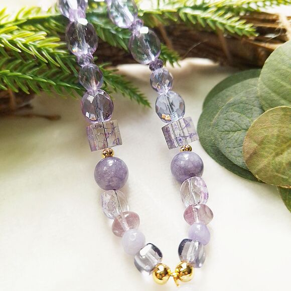 Lilac Aquamarine, Fluorite & Angelite Lariat Choker - 24k Gold Stainless Steel - Picture 8 of 16